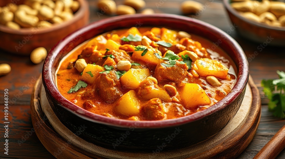 Savory Meat Stew with Potatoes and Peanuts Served in a Rustic Bowl on a Wooden Table Surrounded by Ingredients and Traditional Decor Savory Meat Stew with Potatoes and Peanuts Served in a Rustic Bowl on a Wooden Table Surrounded by Ingredients and Traditional Decor