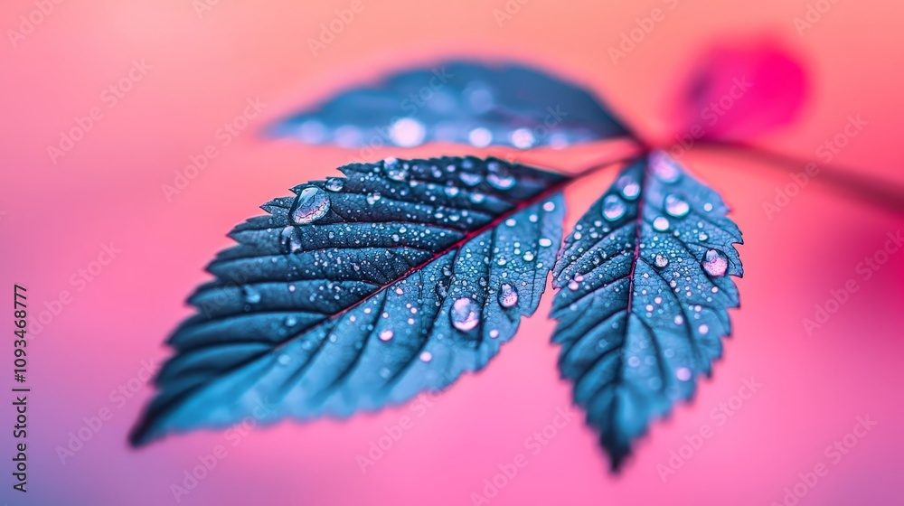 Close-up of dew drops on a vibrant blue leaf against a pink background. Close-up of dew drops on a vibrant blue leaf against a pink background.