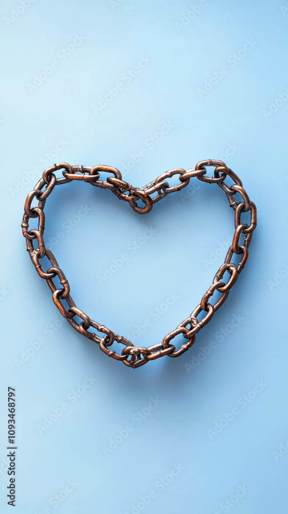 A heart-shaped chain on a light blue background, symbolizing love and connection, with a unique and artistic presentation.