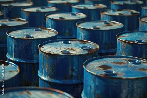 Stacked blue oil barrels and chemical drums.