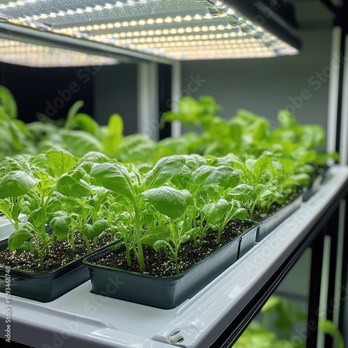 Vibrant green seedlings thriving under bright grow lights in a controlled indoor garden. photo