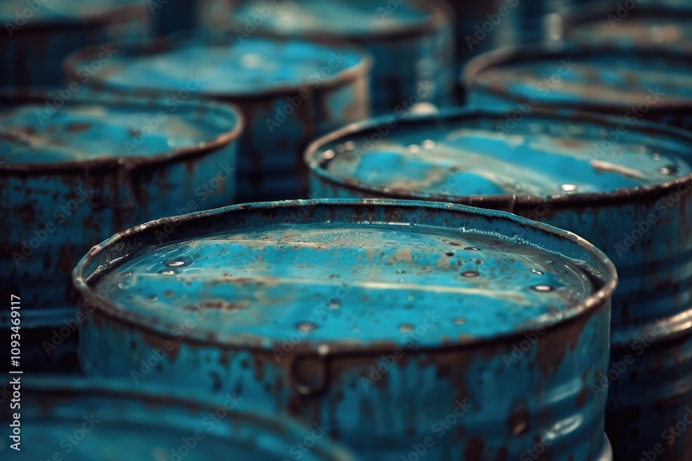 Stacked oil barrels and chemical drums in blue color. Stacked oil barrels and chemical drums in blue color.