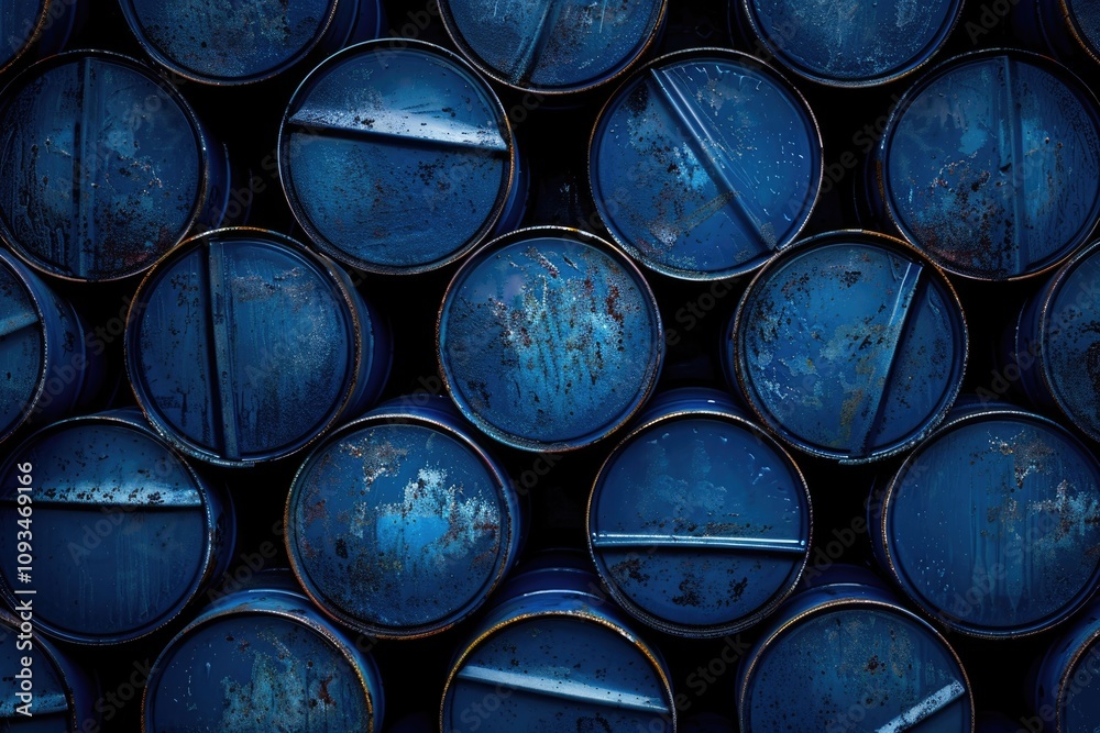 Stacked blue oil barrels and chemical drums. Stacked blue oil barrels and chemical drums.