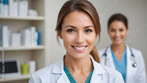 Portrait of smiling female doctor with colleague in hospital or clinic