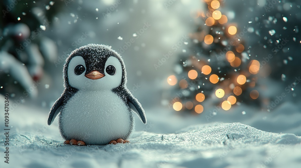A cute penguin stands in a snowy landscape with a softly glowing Christmas tree in the background. A cute penguin stands in a snowy landscape with a softly glowing Christmas tree in the background.
