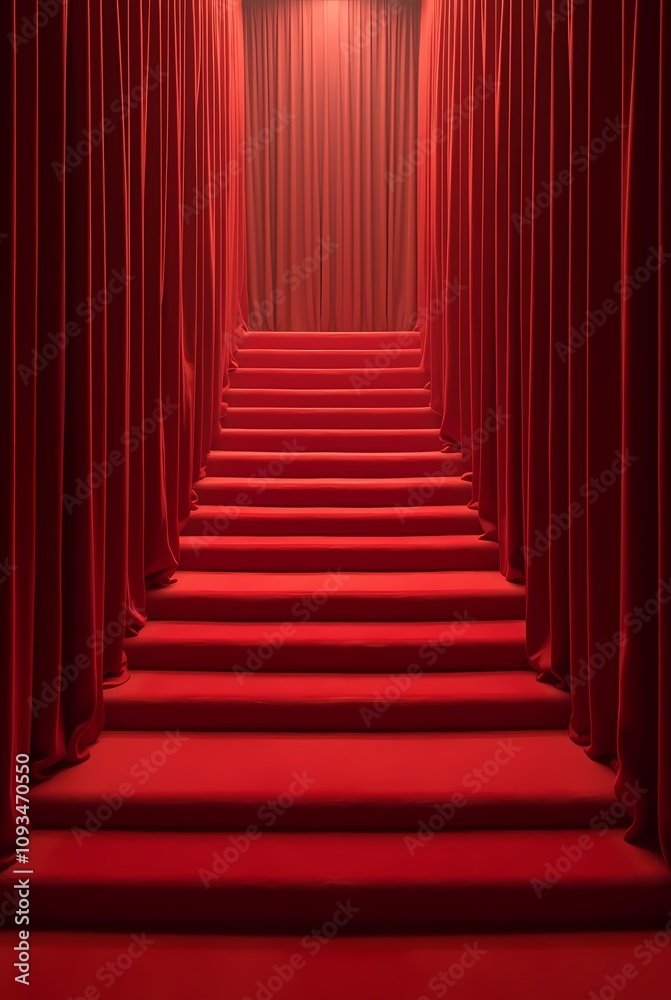 Red carpet leading to the staircase with lighting and curtains Red carpet leading to the staircase with lighting and curtains