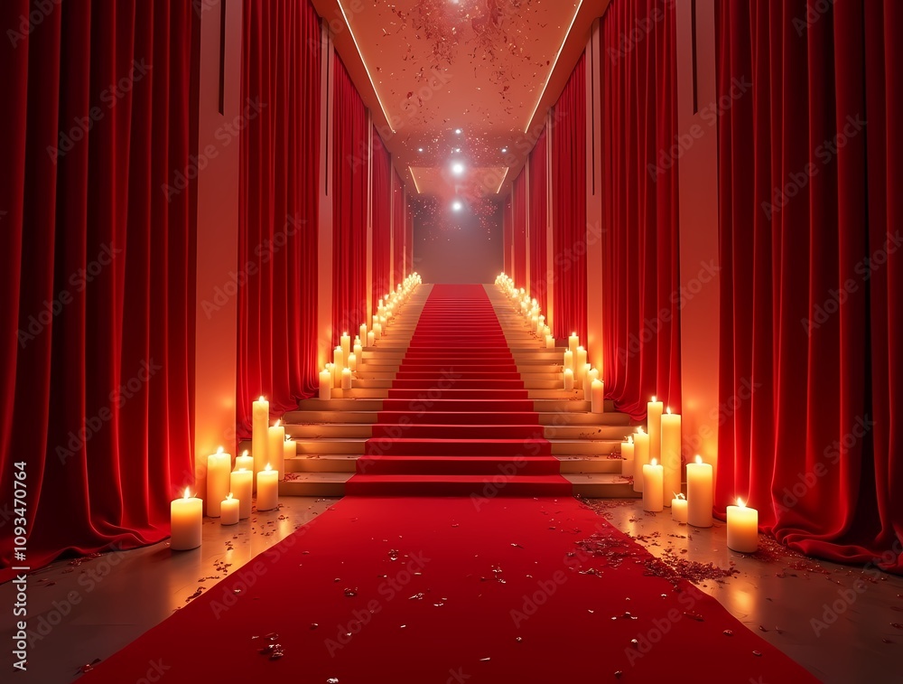 Red carpet leading to the staircase with lighting and curtains Red carpet leading to the staircase with lighting and curtains