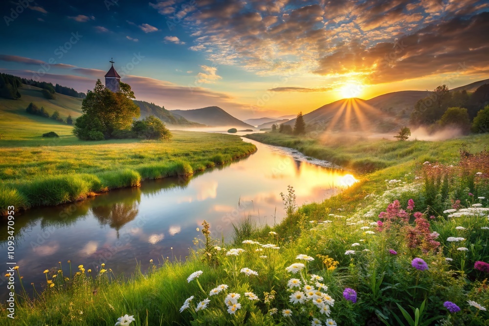 Fototapeta premium Serene Landscape Embracing Faith and Love: A Tranquil Scene of Nature's Beauty at Sunrise with a Gentle River Flowing Through Verdant Hills, Symbolizing Connection and Hope