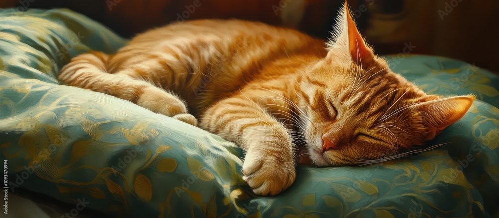 Peaceful Ginger Cat Napping on Teal Pillow Peaceful Ginger Cat Napping on Teal Pillow