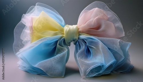 Elegant pastel colored organza bow with soft blue, pink, and yellow hues, perfect for gift wrapping, party decorations, or feminine hair accessories, symbolizing charm, celebration, and creativity photo