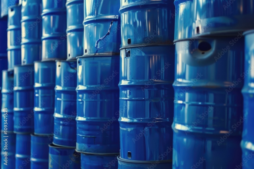 Stack of blue plastic barrels or blue plastic gallons at industry or factory Stack of blue plastic barrels or blue plastic gallons at industry or factory