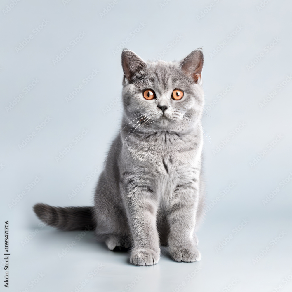 Cute Grey Kitten British Shorthair Cat Close-up Stock Photo with White Background Cute Grey Kitten British Shorthair Cat Close-up Stock Photo with White Background