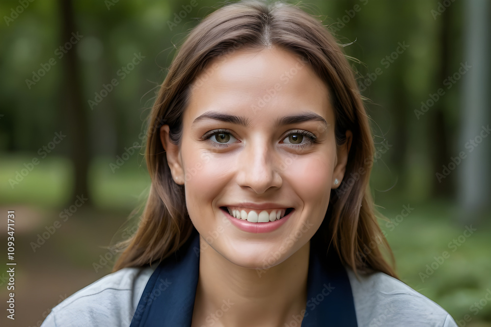 Portrait of smiling woman with long brown hair in park Portrait of smiling woman with long brown hair in park