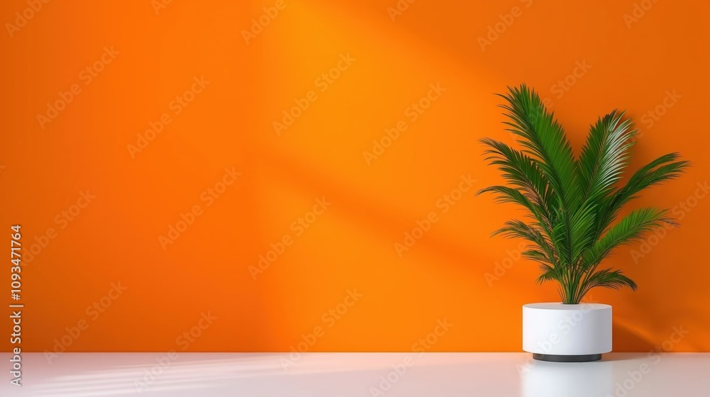 3D studio room with orange background. Empty floor and wall with product podium. Shadow overlay from window to countertop. Mockup illustration with sunlight. 3D studio room with orange background. Empty floor and wall with product podium. Shadow overlay from window to countertop. Mockup illustration with sunlight.