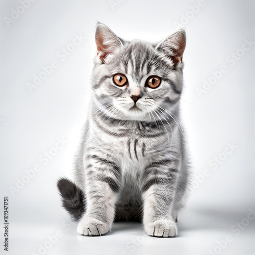 Cute Grey Kitten British Shorthair Cat Close-up Stock Photo with White Background