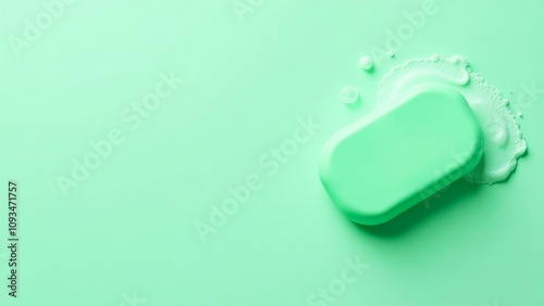 One whole green soap bubbles. Soap bar and foam on green background, on the right, top view. Banner template with copy space for text. Hygiene and everyday routine, natural cosmetics