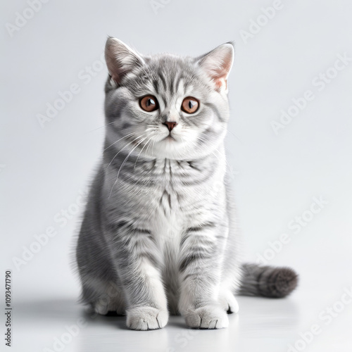 Cute Grey Kitten British Shorthair Cat Close-up Stock Photo with White Background