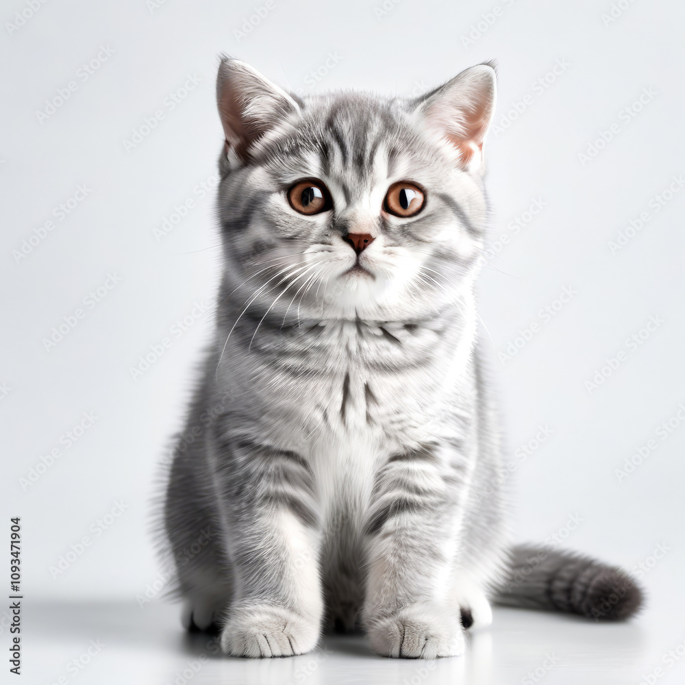 Cute Grey Kitten British Shorthair Cat Close-up Stock Photo with White Background