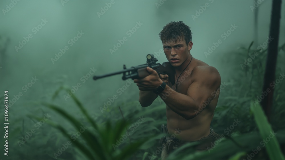 Fully armed modern warrior, shooting posture with a gun, background of jungle Fully armed modern warrior, shooting posture with a gun, background of jungle