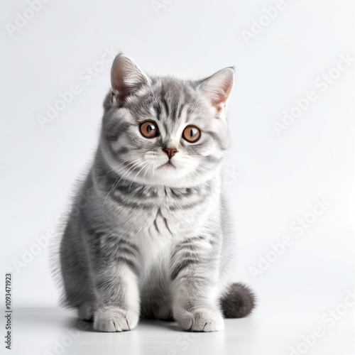 Cute Grey Kitten British Shorthair Cat Close-up Stock Photo with White Background