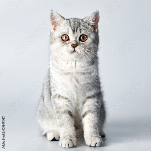 Cute Grey Kitten British Shorthair Cat Close-up Stock Photo with White Background