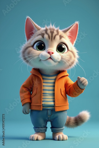 3d digital illustration featuring a cute, anthropomorphic cat with large, expressive green eyes. The cat has a soft, fluffy texture,