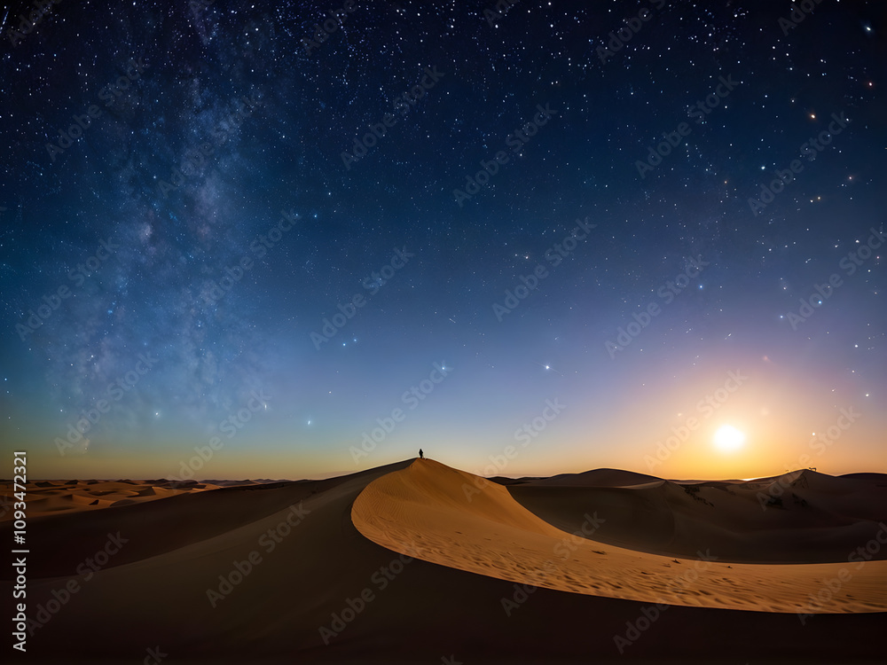 Endless sand dunes under a vast night sky. Endless sand dunes under a vast night sky.