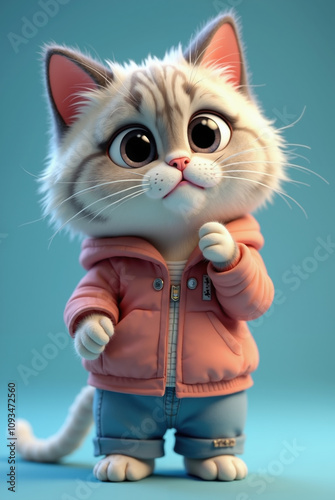 3d digital illustration featuring a cute, anthropomorphic cat with large, expressive green eyes. The cat has a soft, fluffy texture,