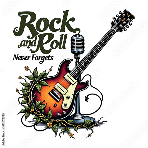 Rock and Roll Never Forgets T-Shirt Guitar & Microphone Music Design