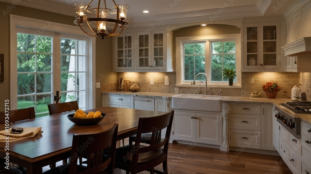 Bright kitchen with farmhouse sink, wood floors, and dining area. Bright kitchen with farmhouse sink, wood floors, and dining area.