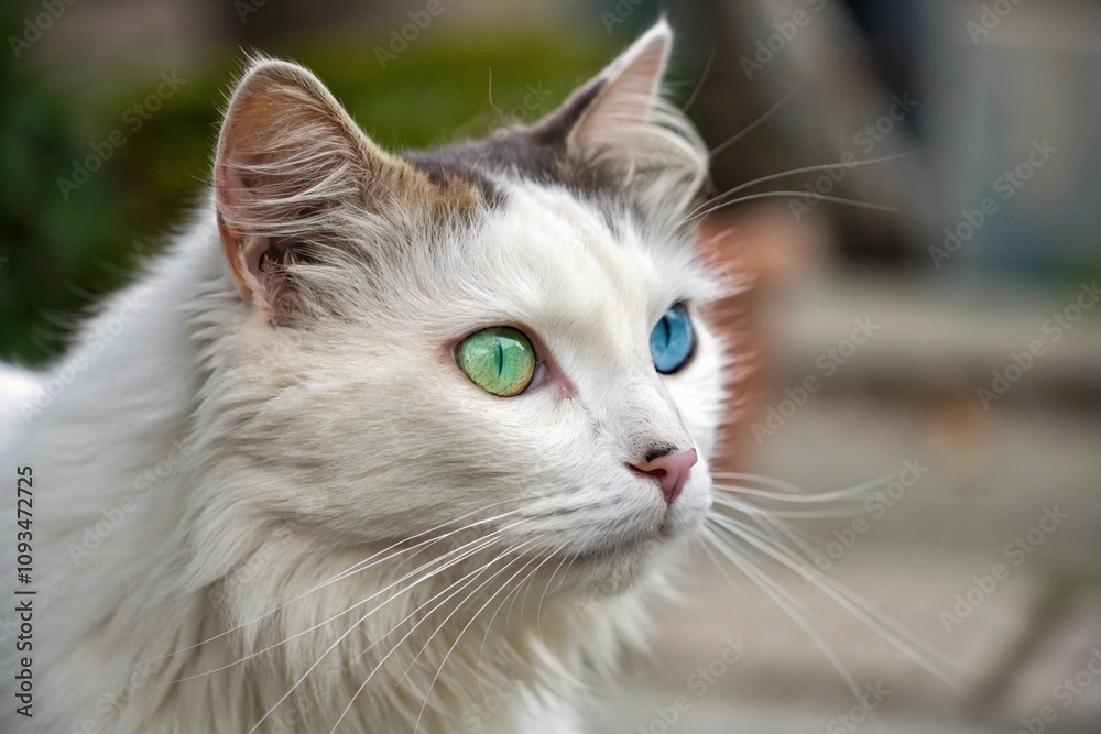 Close-up of a White Cat with Heterochromia (Green and Blue Eyes) Outdoors Close-up of a White Cat with Heterochromia (Green and Blue Eyes) Outdoors