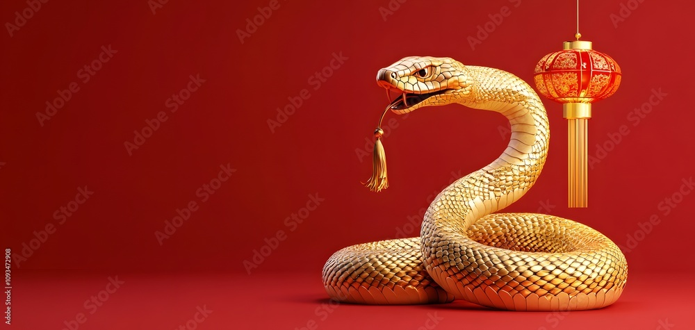 Fototapeta premium A striking image of a golden snake coiled against a rich red backdrop, symbolizing prosperity and fortune, complemented by a traditional lantern for a festive ambiance.
