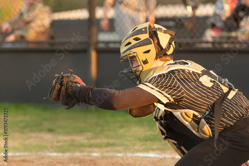Photography Baseball catcher crouched down in position during a game.