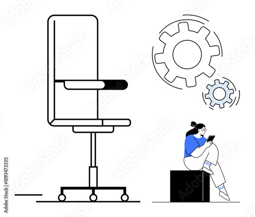 Office chair beside moving gears as woman uses tablet, suggesting workplace efficiency and innovation. Ideal for productivity, work culture, ergonomics, technology, workflow, office life