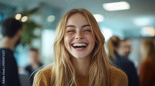 Happy young woman laughing in office.