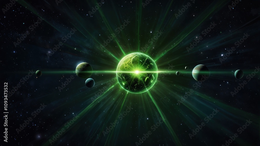 Fototapeta premium Here's a and keyword list for your stock photo... Glowing green planet at the center of a star system.