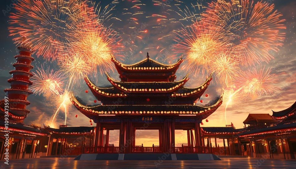 A stunning view of an ornate traditional temple illuminated by vibrant fireworks during sunset, showcasing intricate architectural details against a colorful sky. A stunning view of an ornate traditional temple illuminated by vibrant fireworks during sunset, showcasing intricate architectural details against a colorful sky.