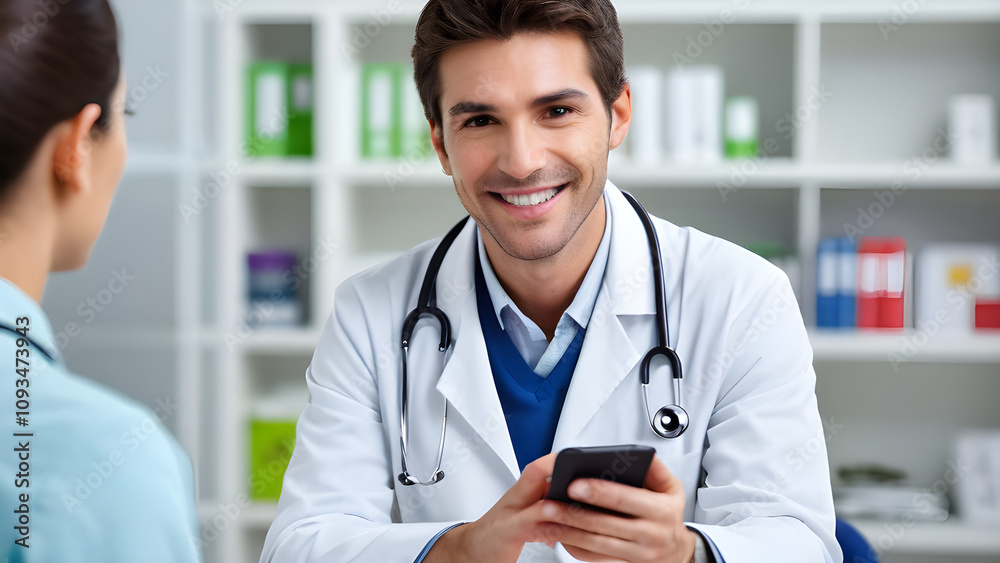 Smiling doctor using mobile phone consulting patient in medical office Smiling doctor using mobile phone consulting patient in medical office