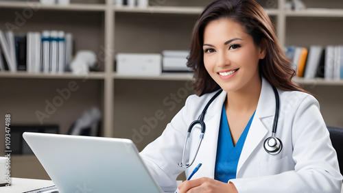 Happy doctor working on laptop in office