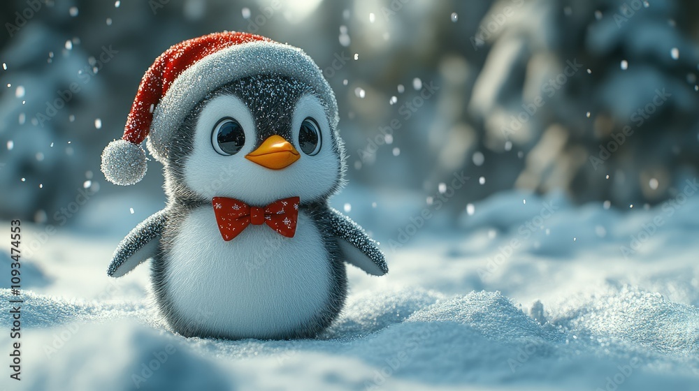 A cute penguin wearing a Santa hat and bowtie stands in a snowy landscape with falling snow. A cute penguin wearing a Santa hat and bowtie stands in a snowy landscape with falling snow.