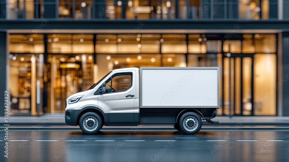 Obraz premium Modern Delivery Van Parked on City Street with Urban Buildings and Warm Lights in Background, Ideal for Transport and Logistics Projects