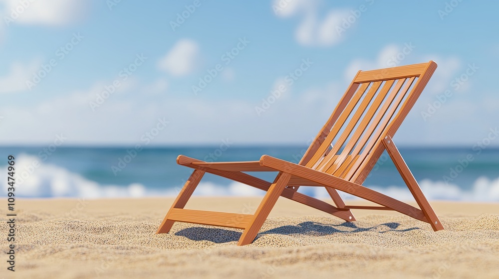 Relaxing Wooden Beach Chair on Sandy Shore with Gentle Waves and Clear Blue Sky, Ideal for Summer Vacation and Leisure Moments by the Ocean Relaxing Wooden Beach Chair on Sandy Shore with Gentle Waves and Clear Blue Sky, Ideal for Summer Vacation and Leisure Moments by the Ocean