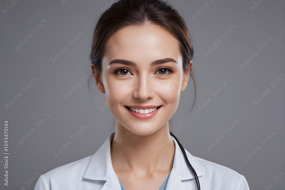 Portrait of smiling female doctor wearing white coat and stethoscope Portrait of smiling female doctor wearing white coat and stethoscope