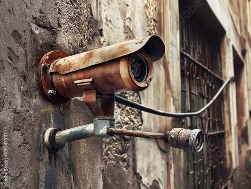 Distopic rusted security cameras on a wall