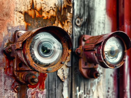 Distopic rusted security cameras on a wall