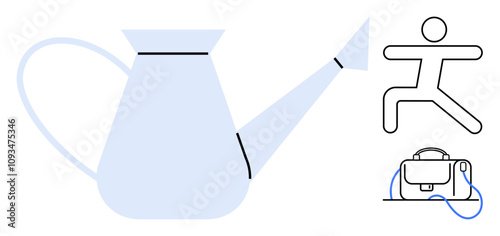 Light blue watering can, abstract human figure in a yoga pose, and briefcase with blue headphones. Ideal for wellness, gardening, productivity, Office, relaxation, work-life balance, healthy