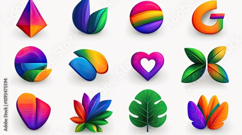 Vibrant Geometric Shapes and Colorful Abstract Symbols for Creative Design Projects Including Leaves, Hearts, and Geometric Figures in Bold Colors photo