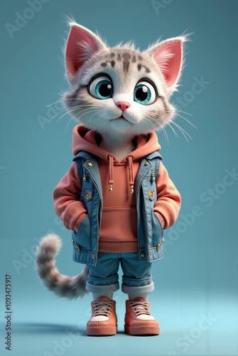 3d digital illustration featuring a cute, anthropomorphic cat with large, expressive green eyes. The cat has a soft, fluffy texture,
