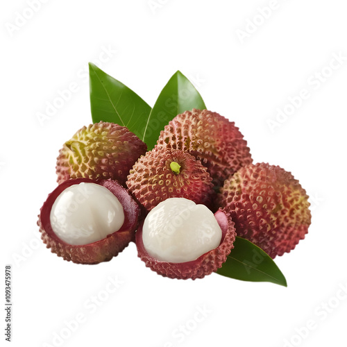 Close-up of ripe lychee fruits with textured skin and juicy, translucent white flesh, surrounded by fresh green leaves.