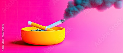 Brightly Colored Bowl with Cigarettes and Smoke Against a Vibrant Pink Background, Displaying Anti-Smoking Message and Bold Visual Impact photo